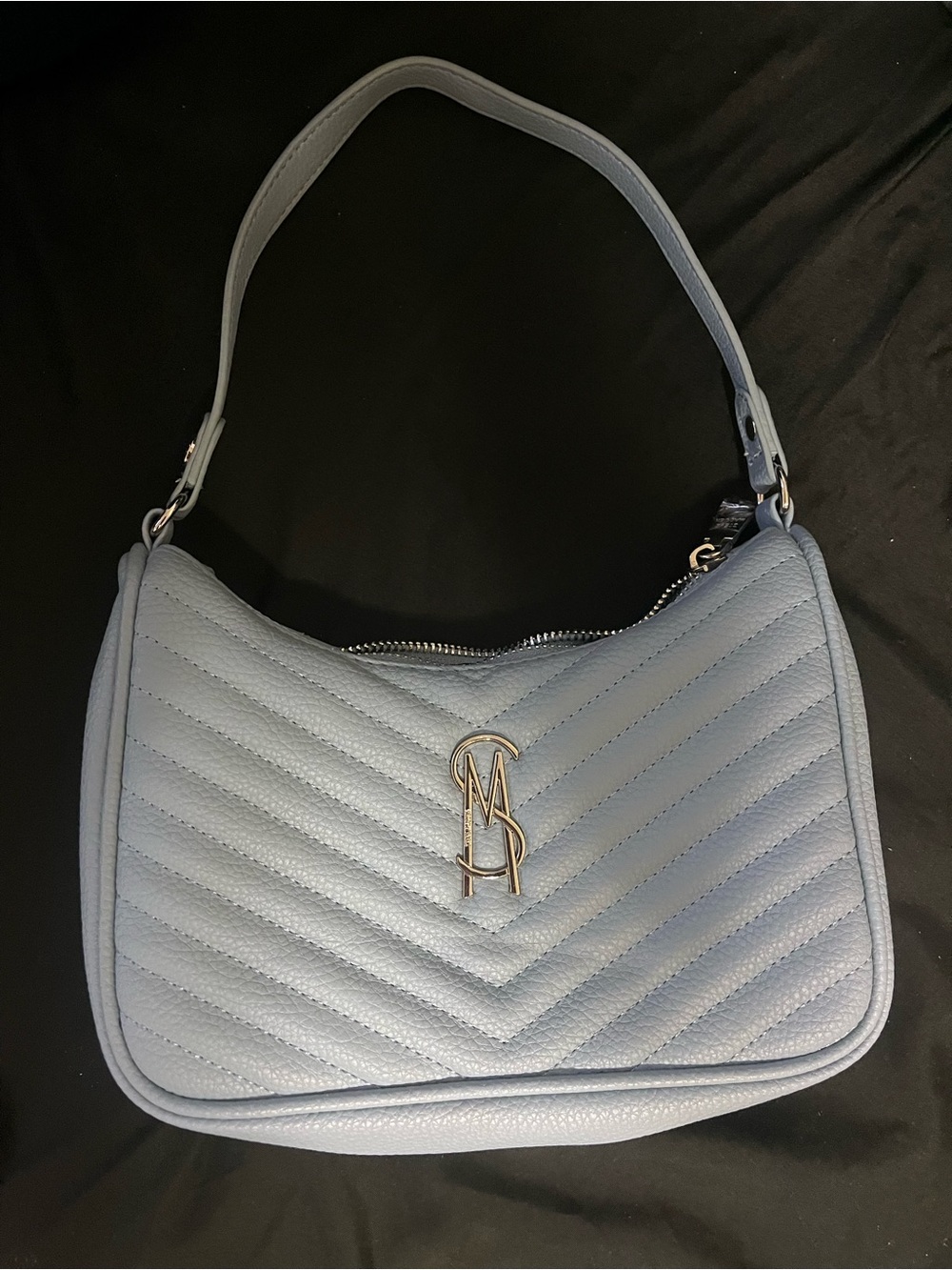 Steve Madden Light Blue Quilted Mini Shoulder Bag with Monogram Hardware